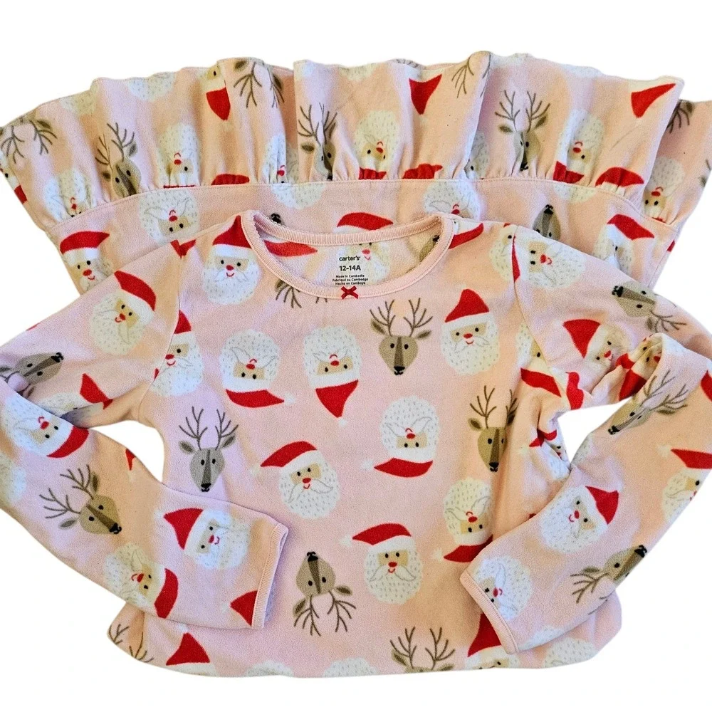 Carters Girls Pink Christmas Pajama Dress‎ Santa Rudolph Fleece Nightgown 12-14A